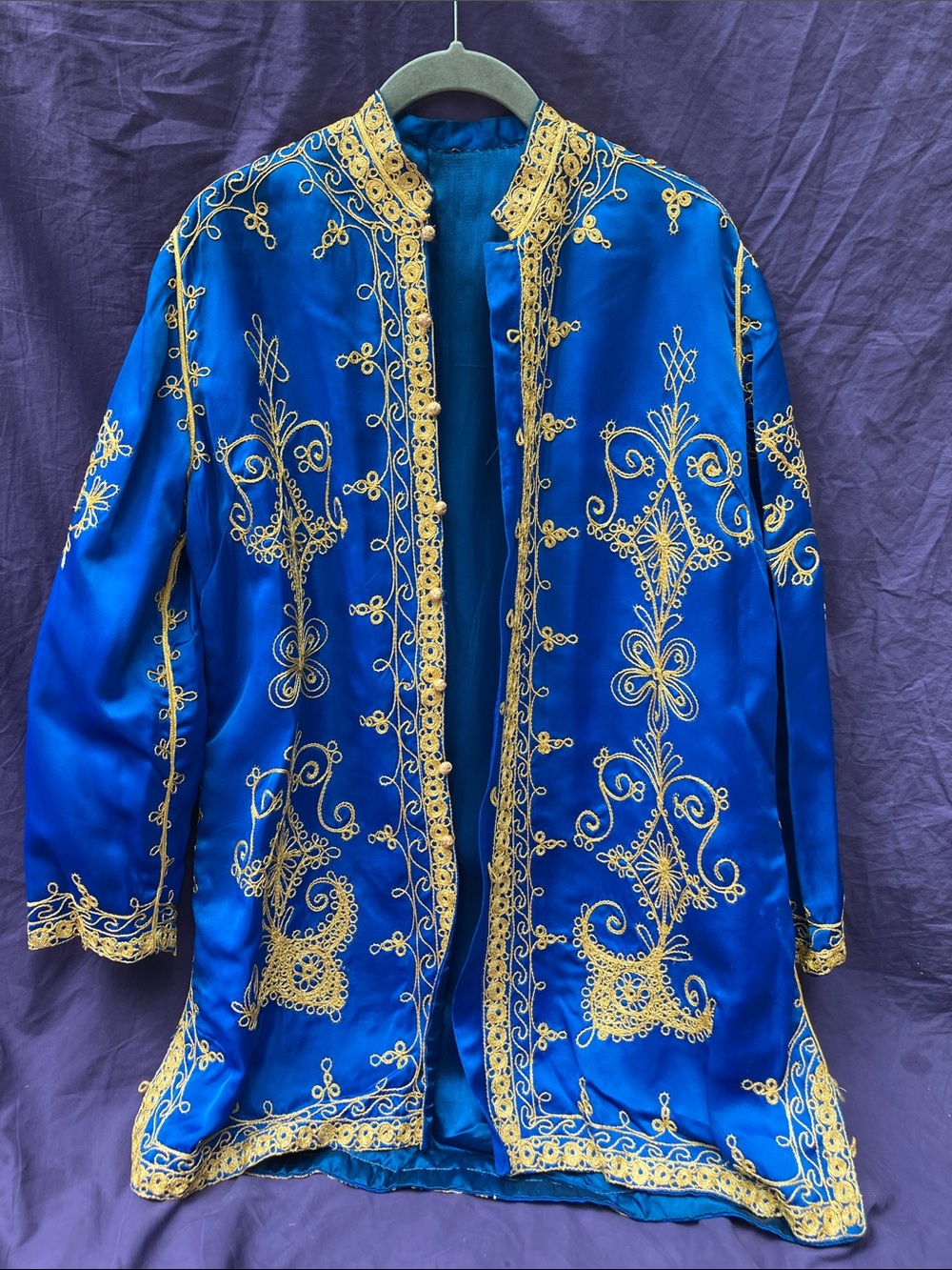 Embroidered Royal Blue Satin Jacket with Gold Trim
